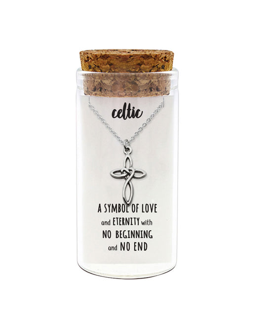 925 sterling silver Celtic cross necklace in glass jar with cork lid and quote “A symbol of love and eternity with no beginning and no end” – timeless spiritual gift