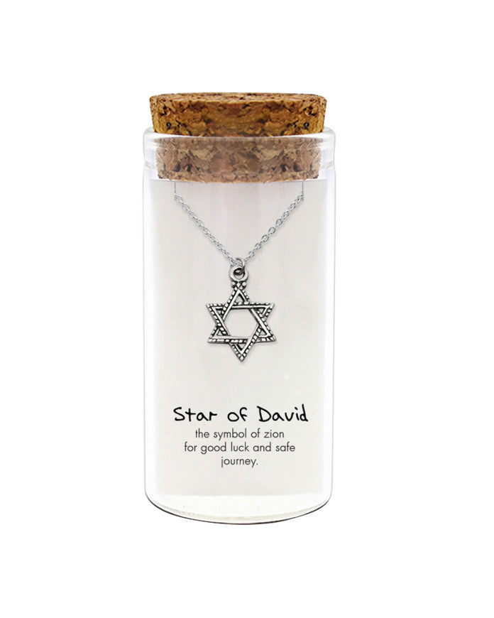925 sterling silver Star of David necklace in glass jar with cork lid and quote “the symbol of Zion for good luck and safe journey” – meaningful Jewish gift