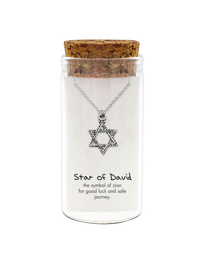 925 sterling silver Star of David necklace in glass jar with cork lid and quote “the symbol of Zion for good luck and safe journey” – meaningful Jewish gift