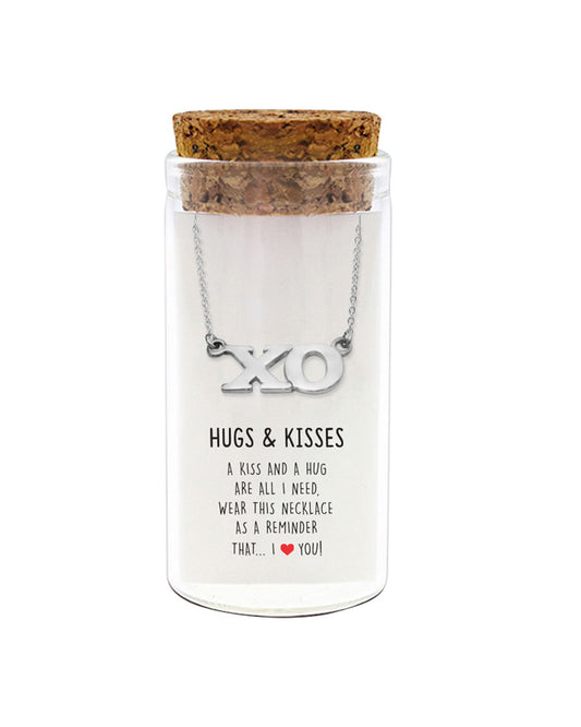 925 sterling silver XO necklace with "Hugs & Kisses" and "I love you" message in glass jar with cork lid – romantic love jewelry gift