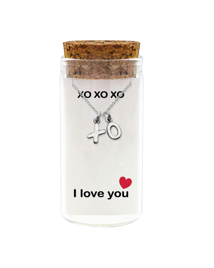 925 sterling silver XO necklace with "XO XO XO" and "I love you" message in glass jar with cork lid – romantic love jewelry gift