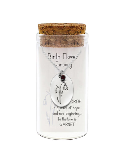 925 sterling silver birth flower and birthstone necklace with engraved message on back in glass jar with cork lid – personalized birth month jewelry