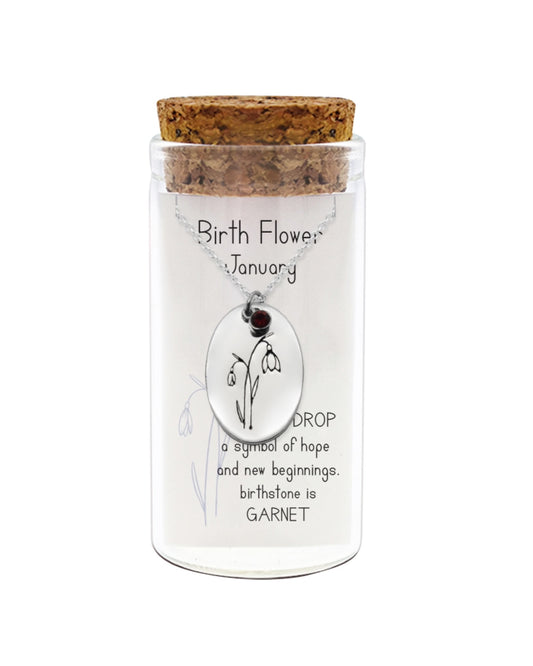 925 sterling silver birth flower and birthstone necklace with engraved message on back in glass jar with cork lid – personalized birth month jewelry