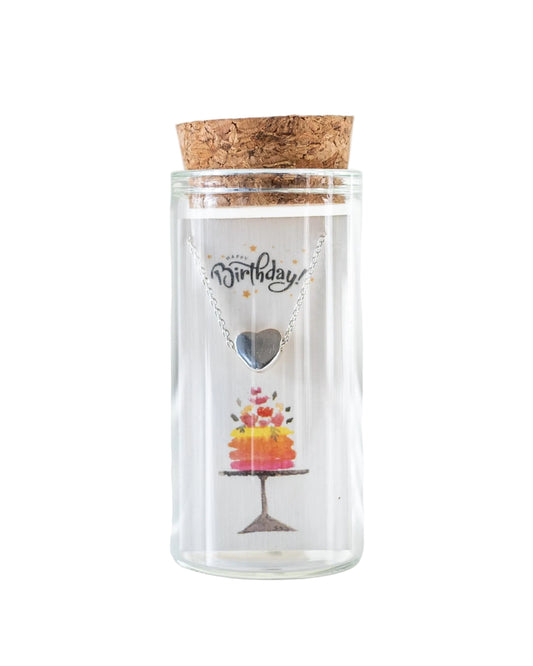 925 sterling silver birthday heart necklace with hand-drawn cake illustration in glass jar with cork lid – cute birthday gift