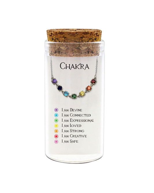 925 sterling silver chakra necklace with colorful rainbow beads in glass jar with cork lid and “I AM” affirmations – spiritual healing gift