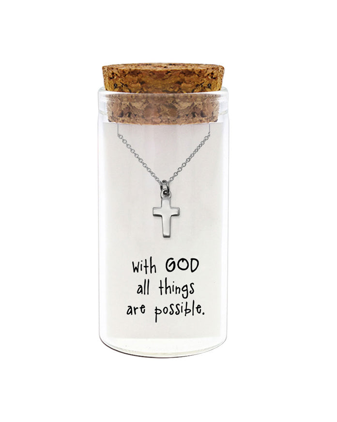 925 sterling silver cross necklace in glass jar with cork lid and quote “With God all things are possible” – inspiring Christian gift