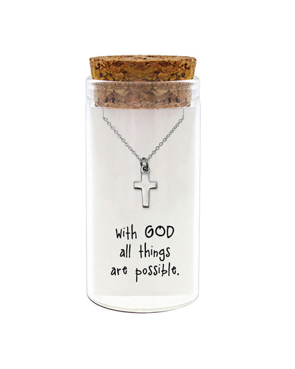 925 sterling silver cross necklace in glass jar with cork lid and quote “With God all things are possible” – inspiring Christian gift