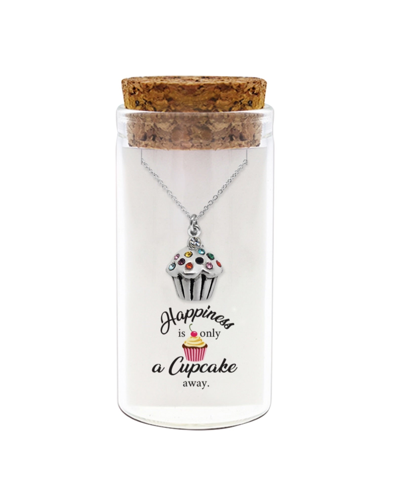 925 sterling silver cupcake necklace with "Happiness is only a cupcake away" message in glass jar with cork lid – cute sweet jewelry gift