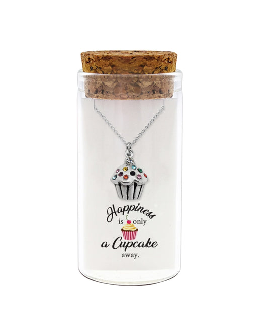 925 sterling silver cupcake necklace with "Happiness is only a cupcake away" message in glass jar with cork lid – cute sweet jewelry gift