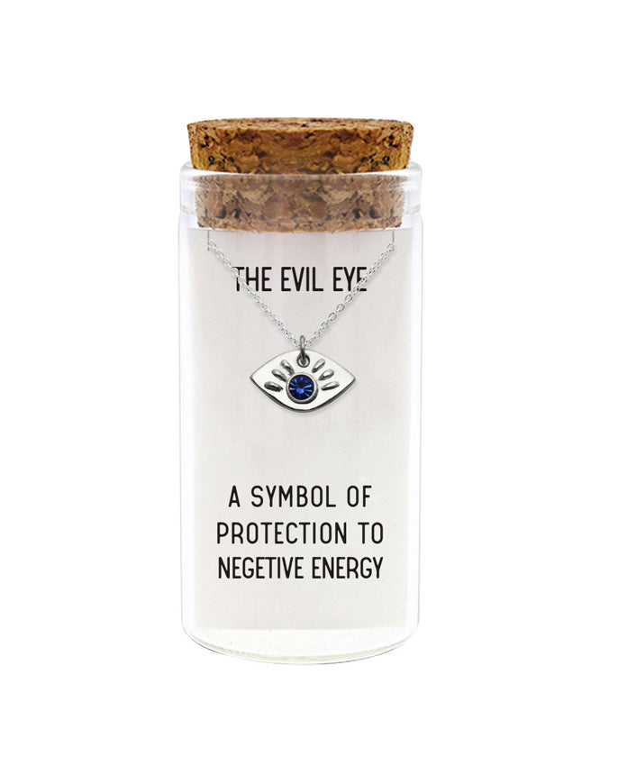 925 sterling silver evil eye necklace in glass jar with cork lid and quote “A symbol of protection to negative energy” – protective talisman gift