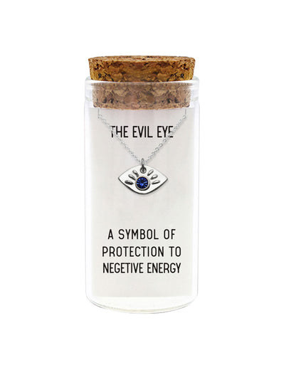 925 sterling silver evil eye necklace in glass jar with cork lid and quote “A symbol of protection to negative energy” – protective talisman gift