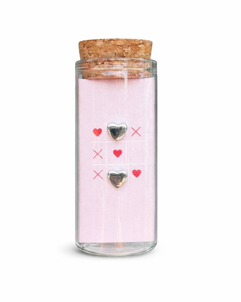 925 sterling silver heart stud earrings in glass jar with cork lid and pink XOXO hearts – cute romantic gift