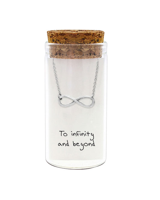 925 sterling silver infinity necklace with "To infinity and beyond" message in glass jar with cork lid – meaningful infinity jewelry gift
