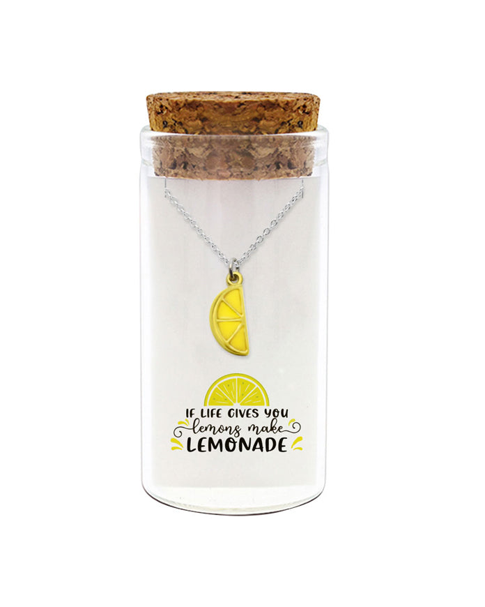 925 sterling silver lemon slice necklace in glass jar with cork lid and quote “If life gives you lemons make lemonade” – positive motivational gift