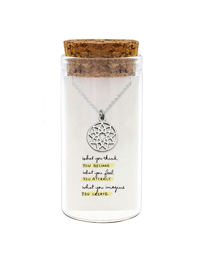 925 sterling silver mandala necklace in glass jar with cork lid and quote “What you think, you become. What you feel, you attract. What you imagine, you create.” – spiritual manifestation gift