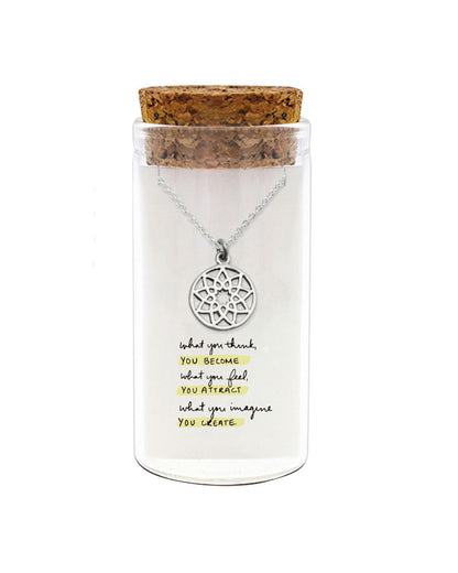 925 sterling silver mandala necklace in glass jar with cork lid and quote “What you think, you become. What you feel, you attract. What you imagine, you create.” – spiritual manifestation gift
