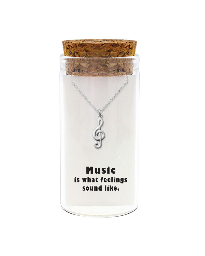 925 sterling silver treble clef music note necklace in glass jar with cork lid and quote “Music is what feelings sound like” – perfect music lover gift