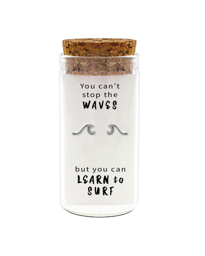 925 sterling silver wave stud earrings in glass jar with cork lid and motivational quote “You can’t stop the waves but you can learn to surf” – ocean inspired gift