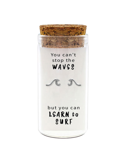 925 sterling silver wave stud earrings in glass jar with cork lid and motivational quote “You can’t stop the waves but you can learn to surf” – ocean inspired gift
