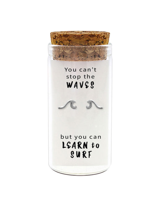 925 sterling silver wave stud earrings in glass jar with cork lid and motivational quote “You can’t stop the waves but you can learn to surf” – ocean inspired gift