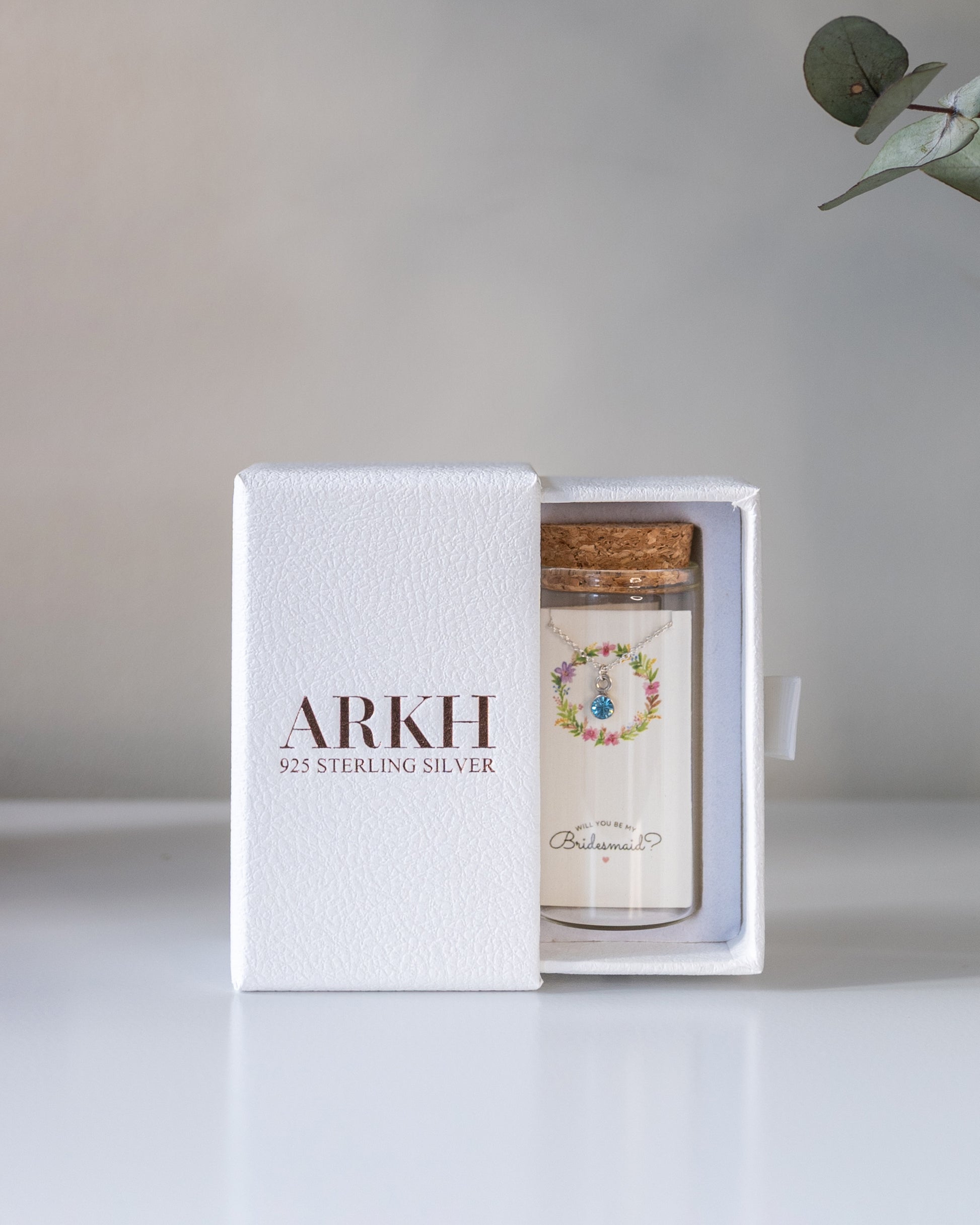 Birthstone necklace in glass jar with bridesmaid proposal message – perfect wedding party gift