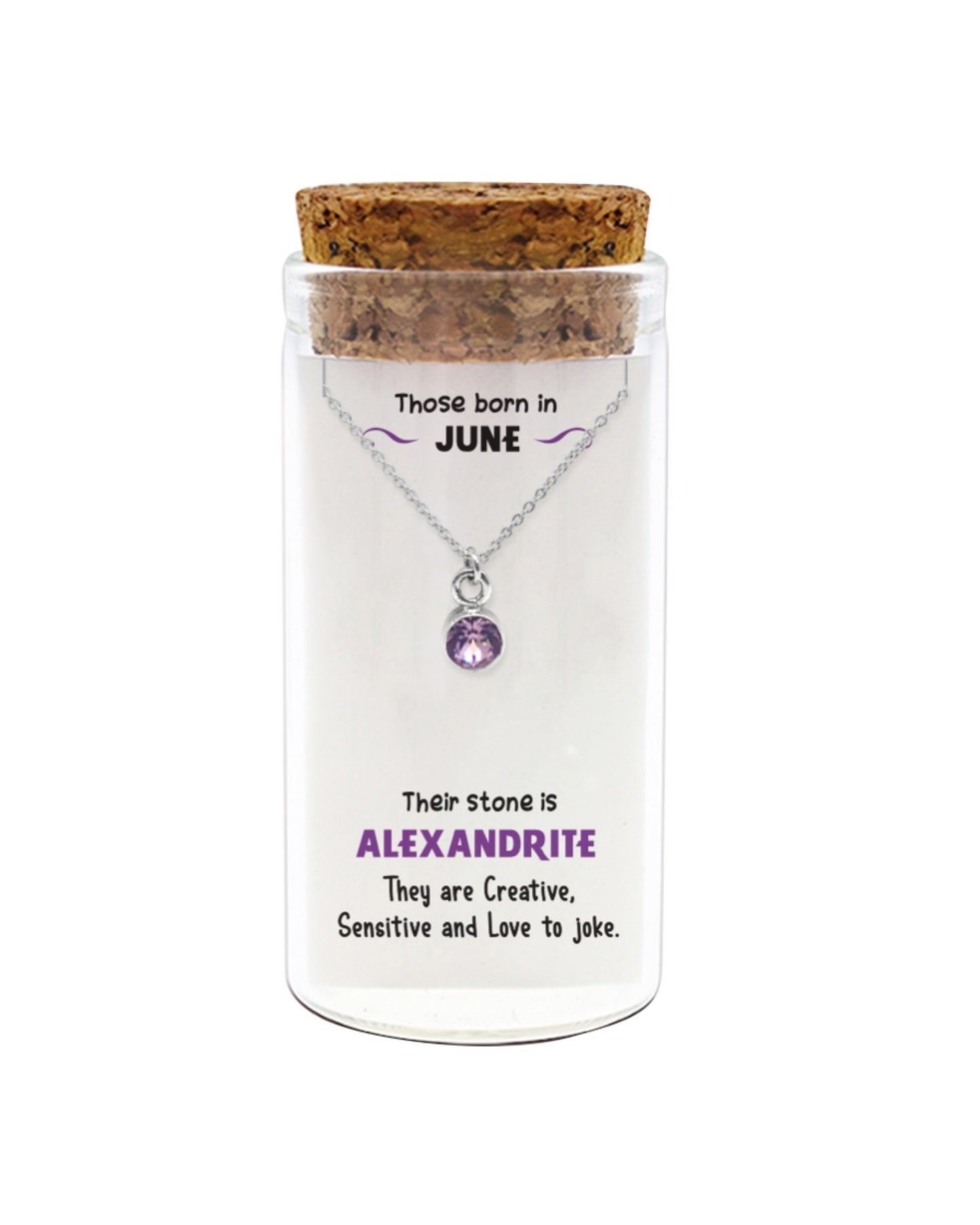 Necklace with alexandrite gemstone in a glass jar with a cork lid, featuring information about those born in June.