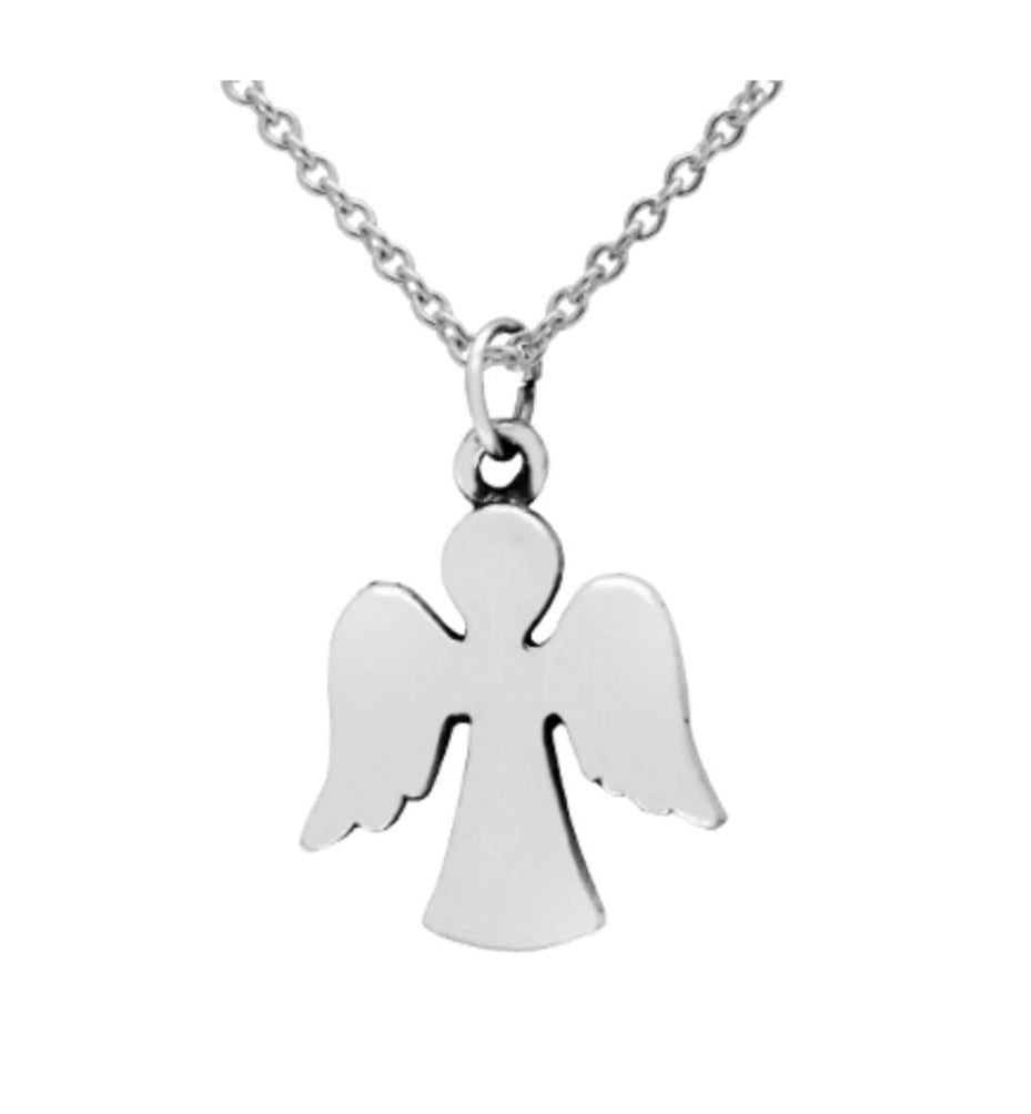 Close-up of angel pendant engraved "Angels to Protect You Always" 925 silver – spiritual detail