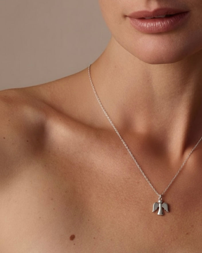 Woman wearing angel necklace "Angels to Protect You Always" 925 silver – protective jewelry on model