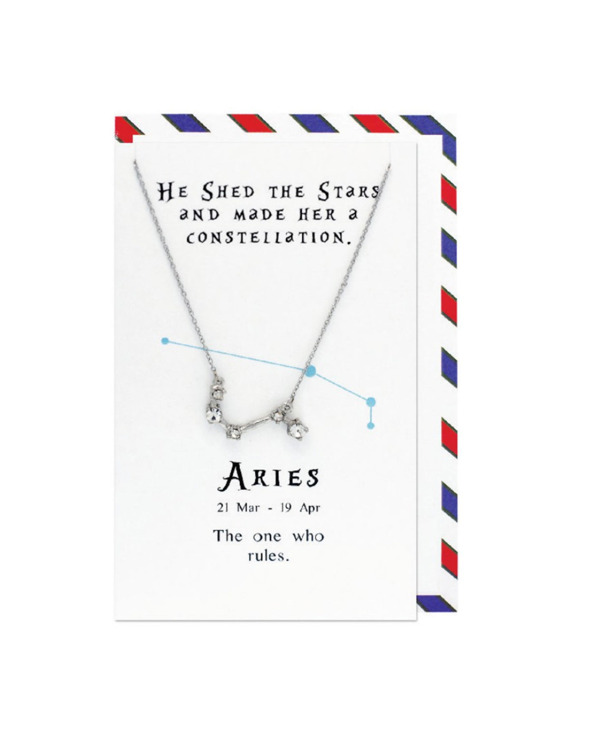 Necklace with Aries zodiac symbol on a card with text and postal-style border