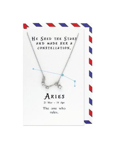 Necklace with Aries zodiac symbol on a card with text and postal-style border