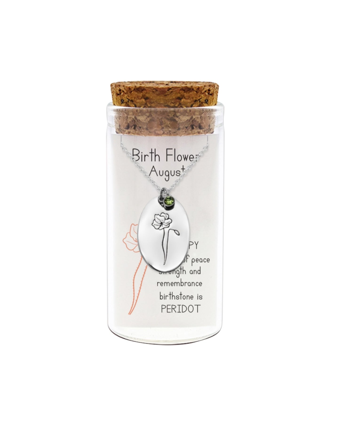 Glass jar with cork lid containing a necklace with a pendant, on a white background