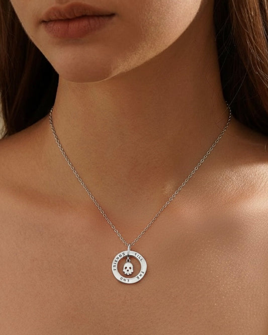 Model wearing BFF skull necklace – adorable friends forever charm
