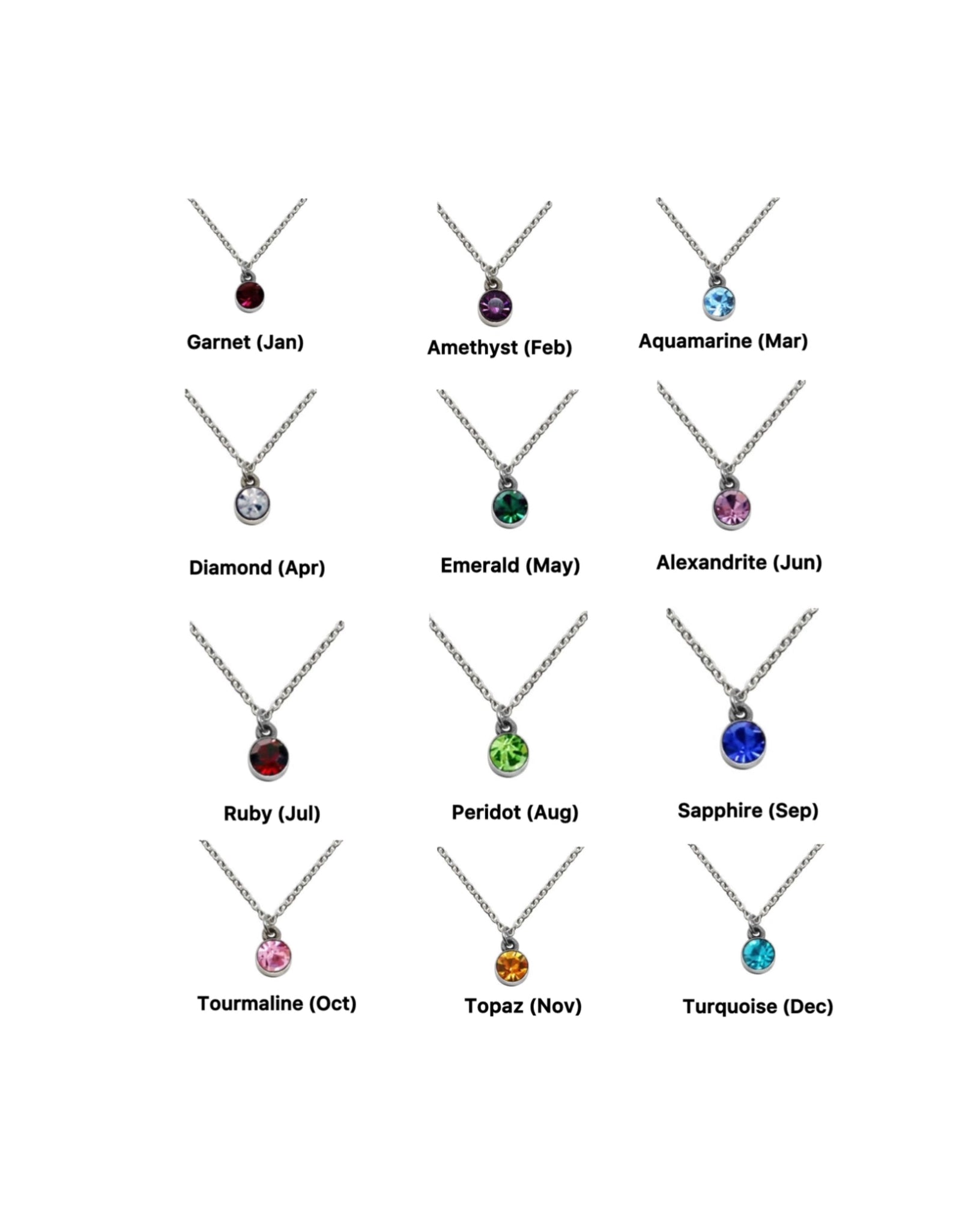 Collection of birthstone necklaces with corresponding months on a white background