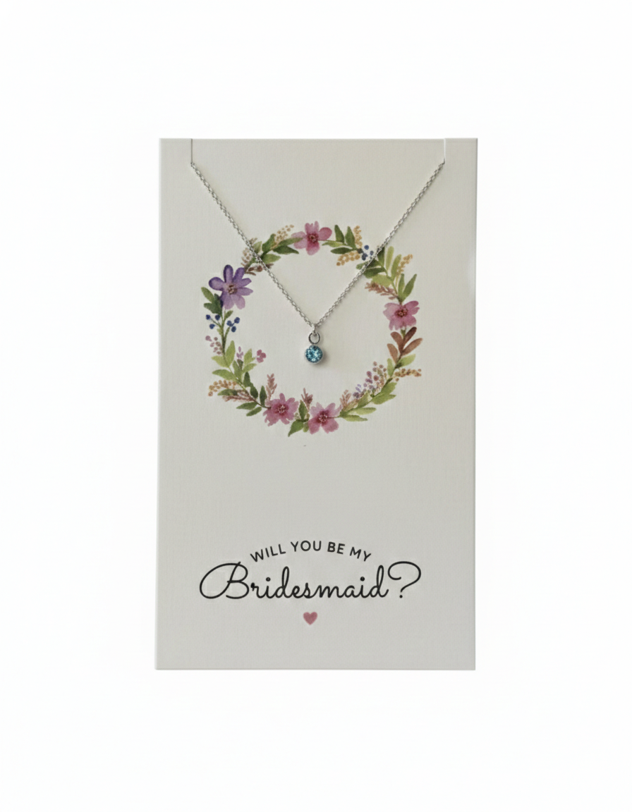 Birthstone necklace collection on hand-painted bridesmaid card showing all 12 months and gemstones – choose your birth month 925 silver necklace