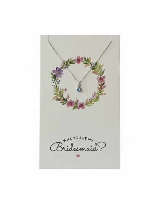 Birthstone necklace collection on hand-painted bridesmaid card showing all 12 months and gemstones – choose your birth month 925 silver necklace