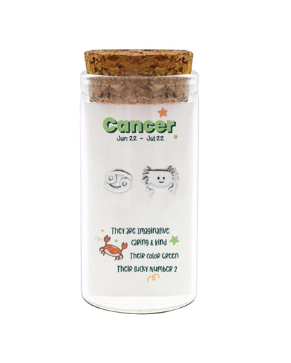 Jar with cork lid labeled 'Cancer' on a white background