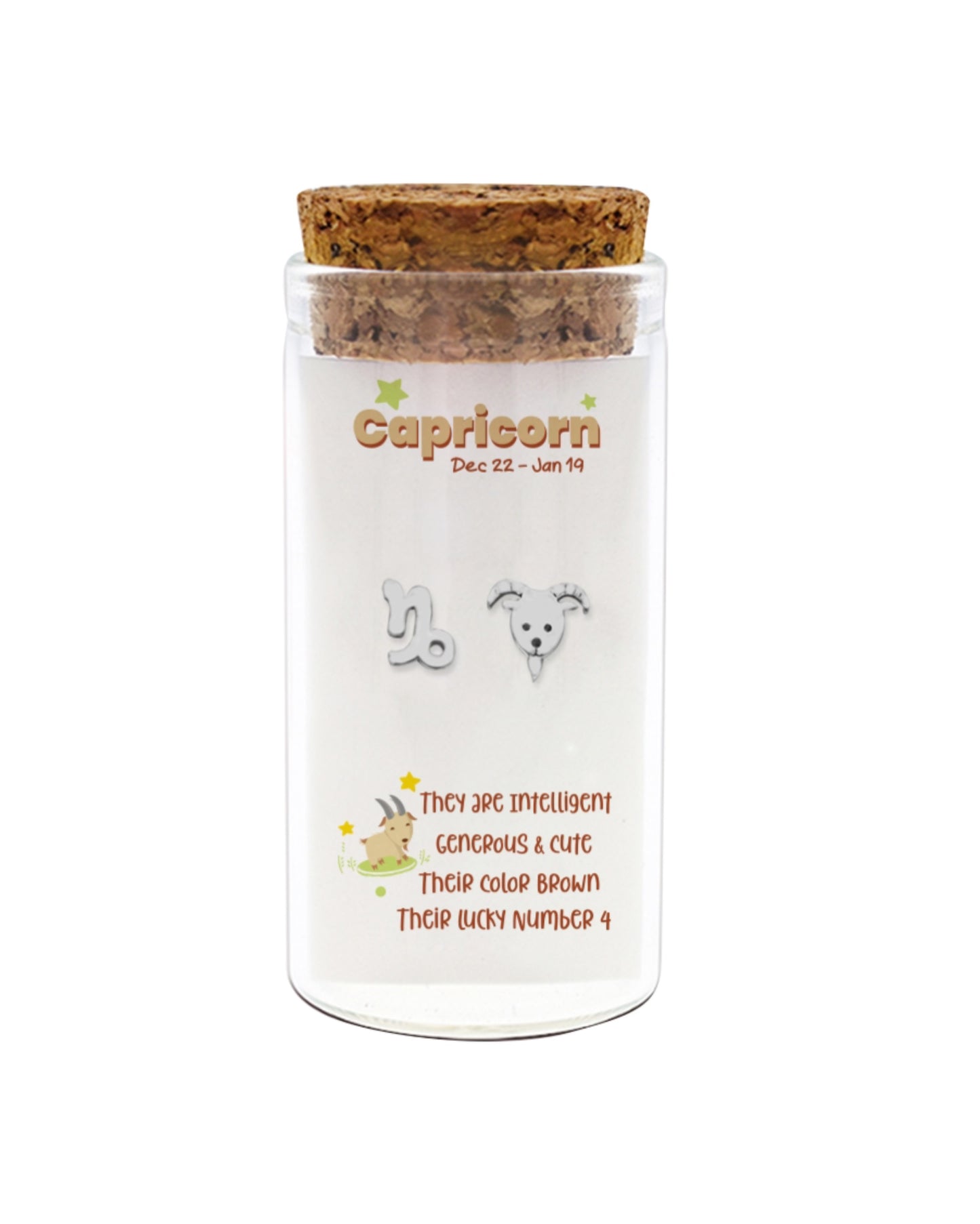 Glass jar with cork lid featuring Capricorn zodiac information on a white background