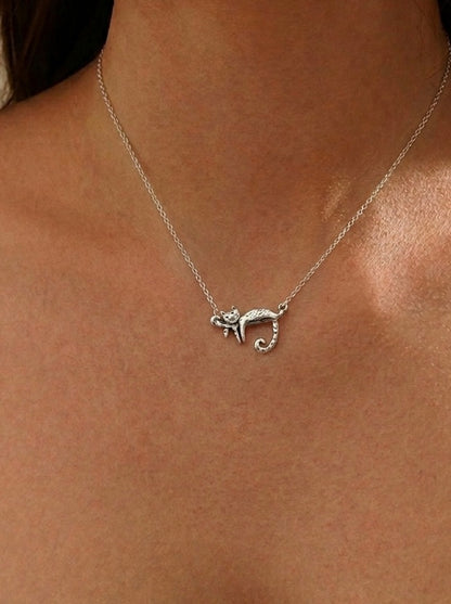 Model wearing lazy cat pendant necklace 925 silver – adorable cat jewelry on model