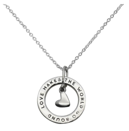 Close-up of round globe pendant with "Love Makes The World Go Round" message on 925 sterling silver necklace
