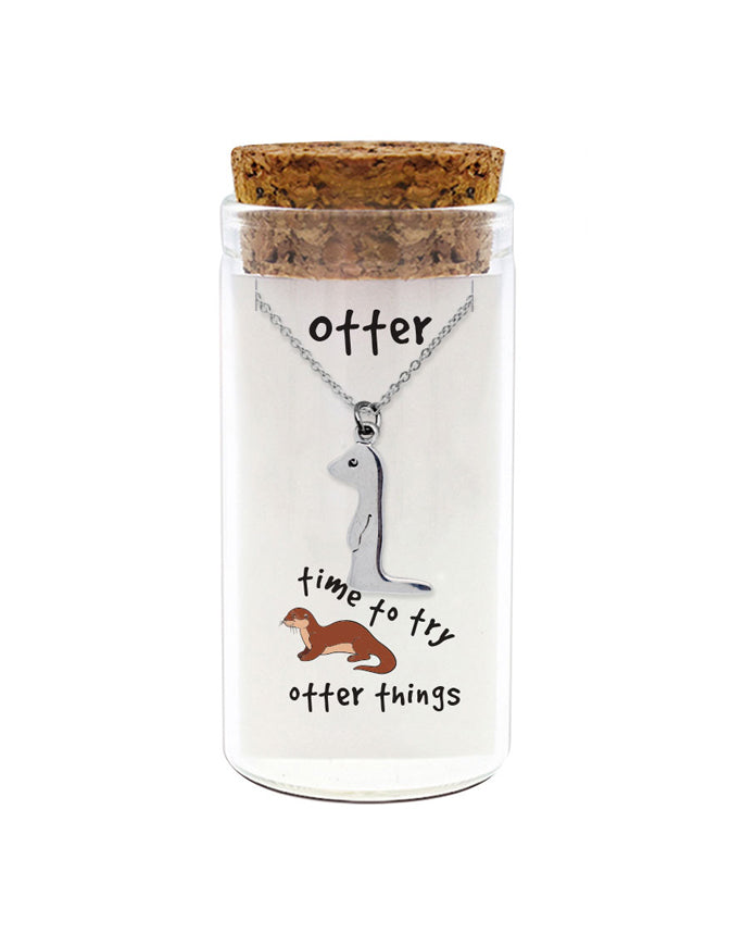 925 sterling silver "Time to try otter things" otter necklace in glass jar with cork lid – cute pun otter charm