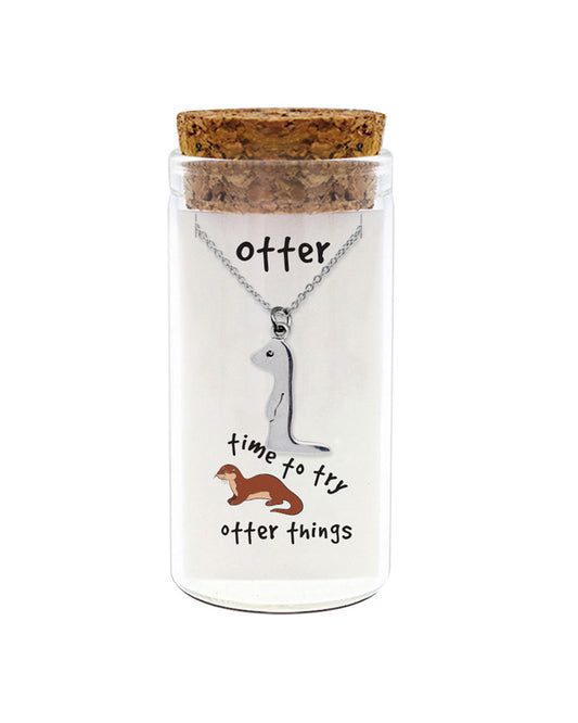 925 sterling silver "Time to try otter things" otter necklace in glass jar with cork lid – cute pun otter charm