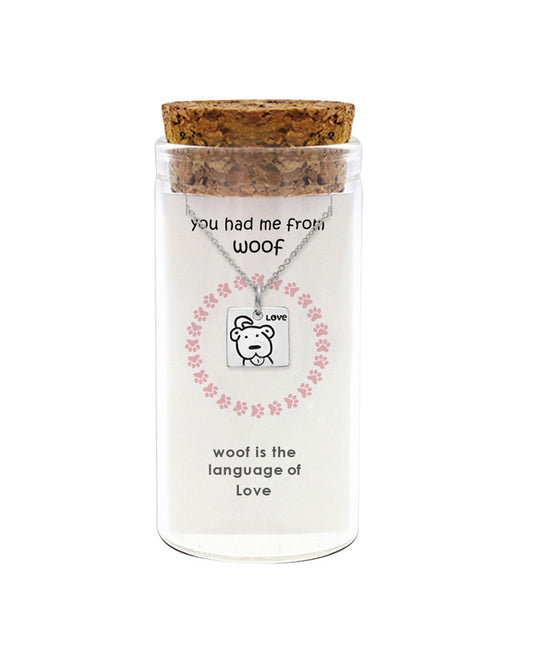 925 sterling silver woof dog necklace "You had me from WOOF" in glass jar with cork lid – cute pet lover charm
