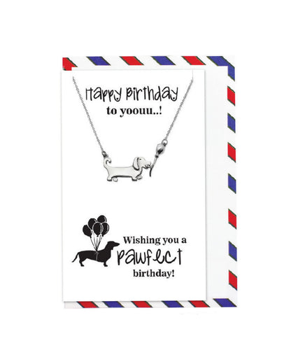 925 sterling silver dachshund birthday necklace "Happy Birthday to youuu" "Wishing you a pawfect birthday" with decorative card – cute dog lover gift