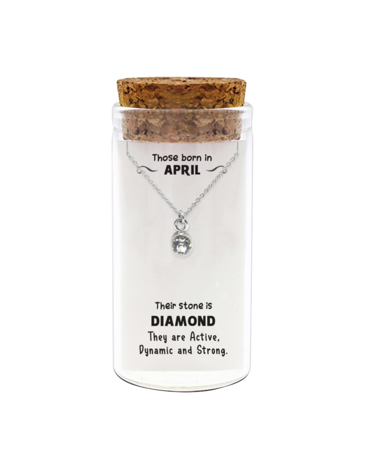 Necklace in a clear container with cork lid, featuring a diamond pendant and descriptive text.