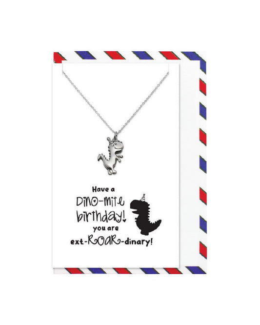 925 sterling silver dinosaur birthday necklace "Have a DINO-MITE birthday! You are ext-ROAR-dinary!" with decorative card – cute dino birthday gift