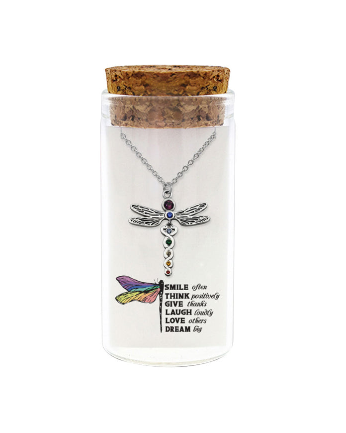 925 sterling silver dragonfly necklace "SMILE THINK GIVE LAUGH LOVE DREAM" in glass jar with cork lid – joyful inspiration