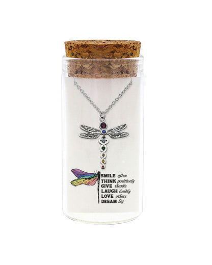 925 sterling silver dragonfly necklace "SMILE THINK GIVE LAUGH LOVE DREAM" in glass jar with cork lid – joyful inspiration