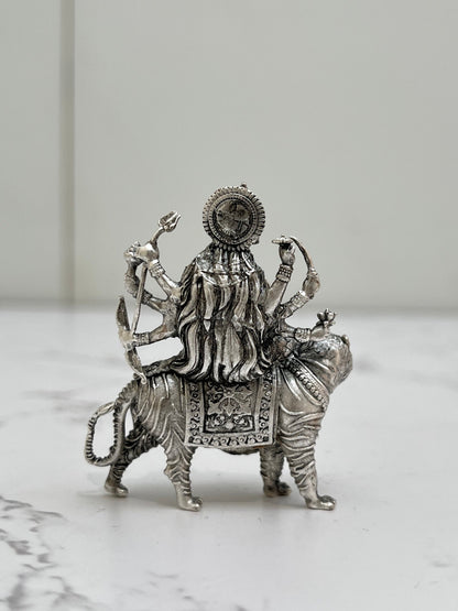 Back profile of 925 sterling silver Durga idol – intricate tiger and weapons detailing
