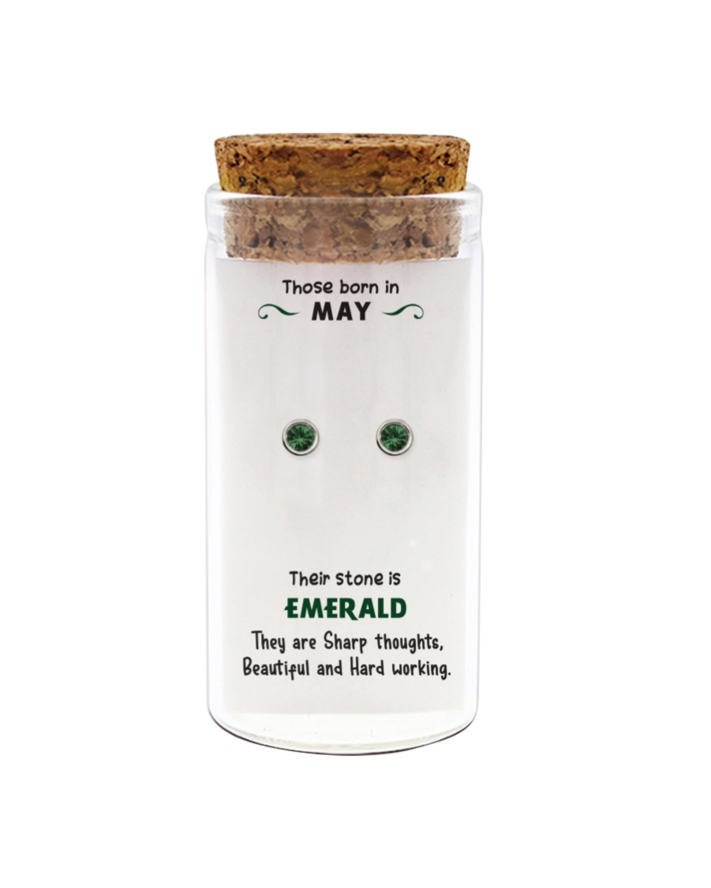 Jar with cork lid containing emerald earrings and text about people born in May on a white background