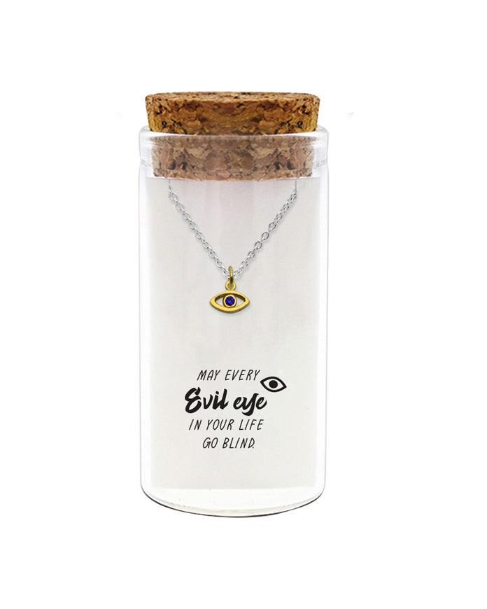 925 sterling silver evil eye necklace "May Every Evil Eye Go Blind" in glass jar with cork lid – protective gift ready